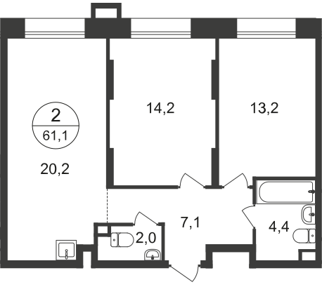 2 комн. квартира, 61.1 м², 2 этаж  (из 21)