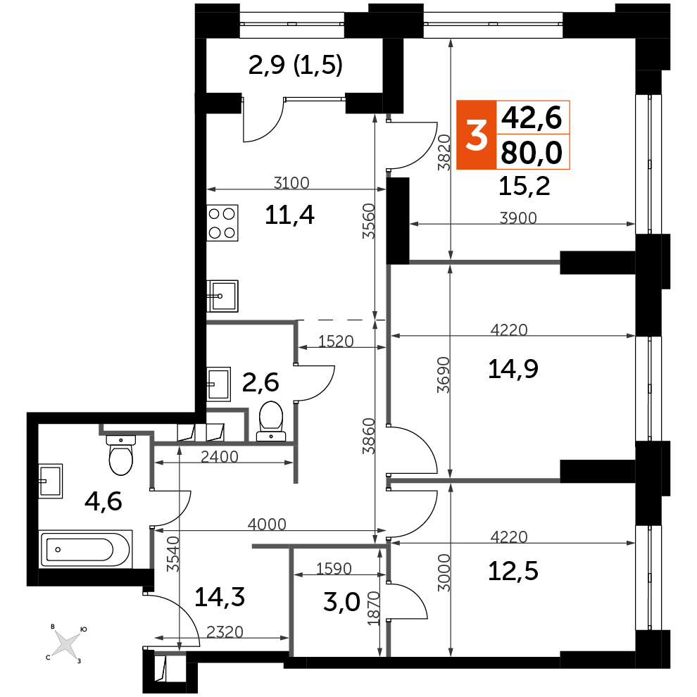 3 комн. квартира, 80 м², 8 этаж 
