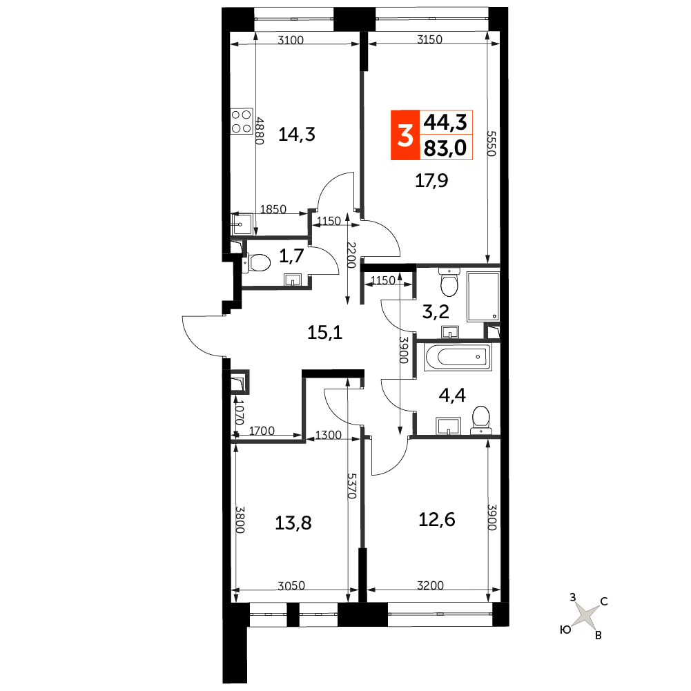 3 комн. квартира, 83 м², 16 этаж 