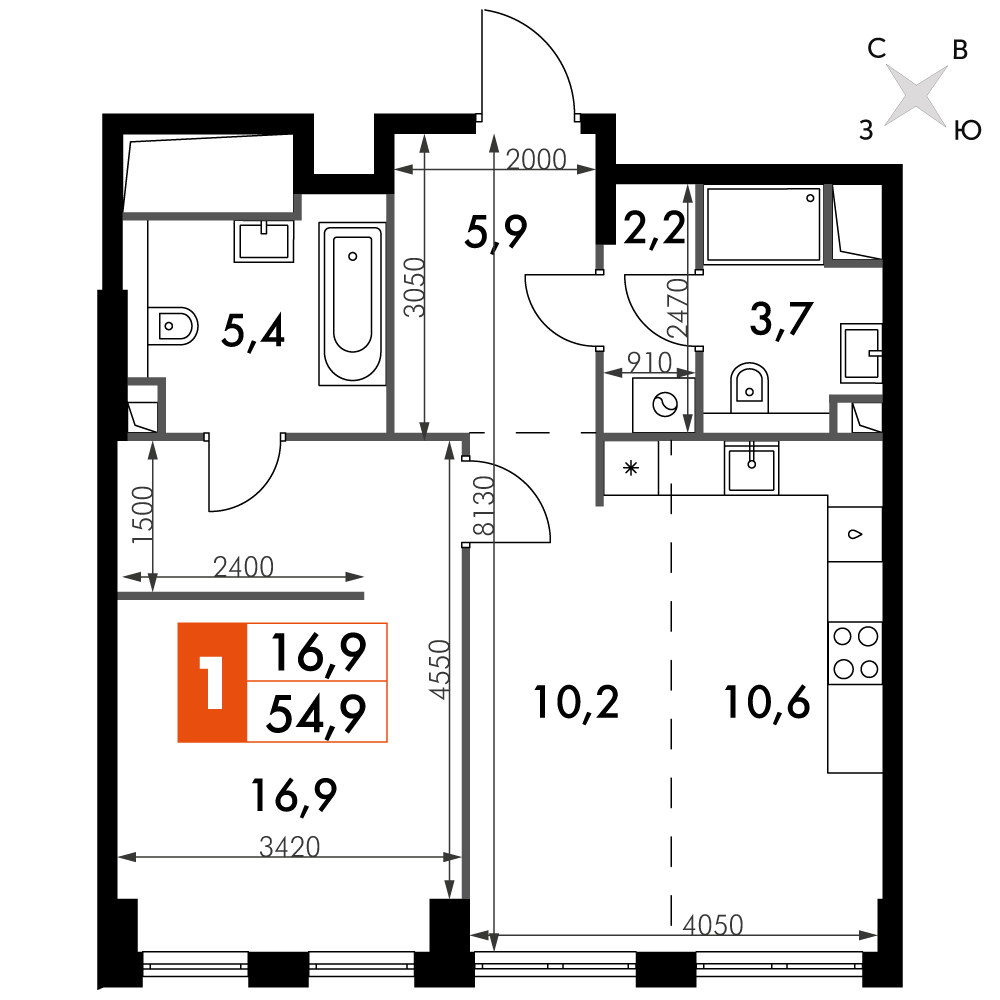 1 комн. квартира, 54.9 м², 4 этаж 