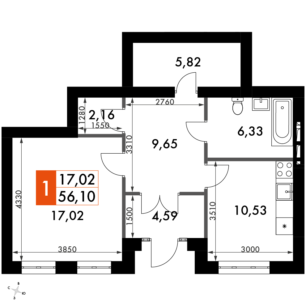 1 комн. квартира, 56.1 м², 1 этаж 
