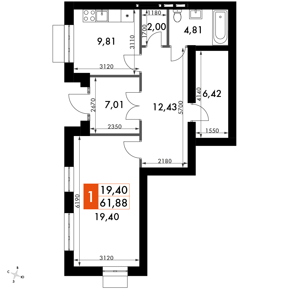 1 комн. квартира, 61.9 м², 1 этаж 