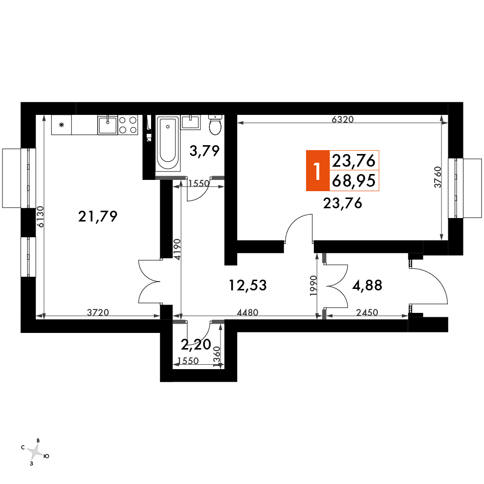 квартира со свободной планировкой, 70.5 м², 1 этаж 