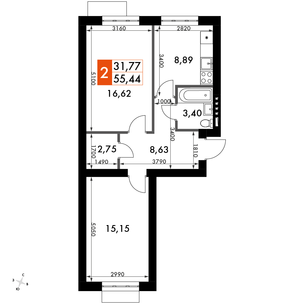 2 комн. квартира, 55.2 м², 2 этаж 