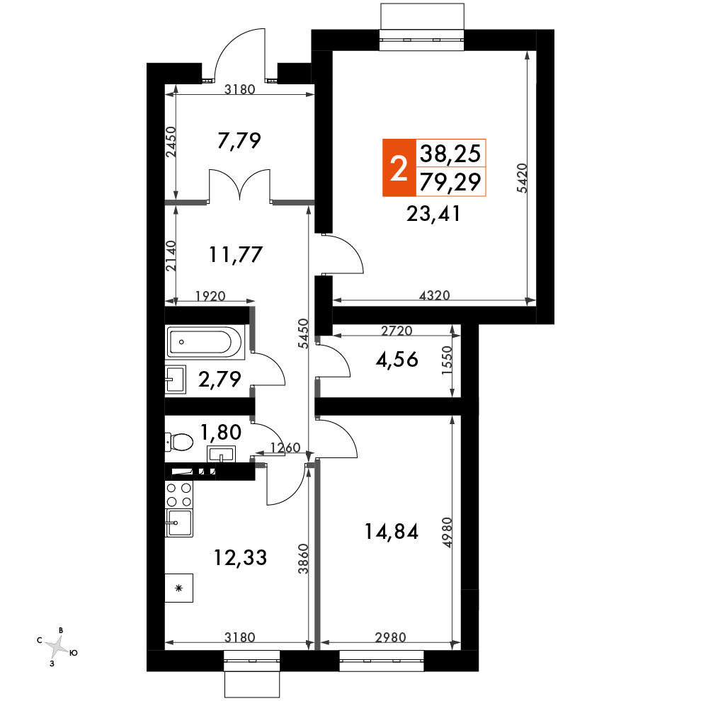 2 комн. квартира, 78.8 м², 1 этаж 