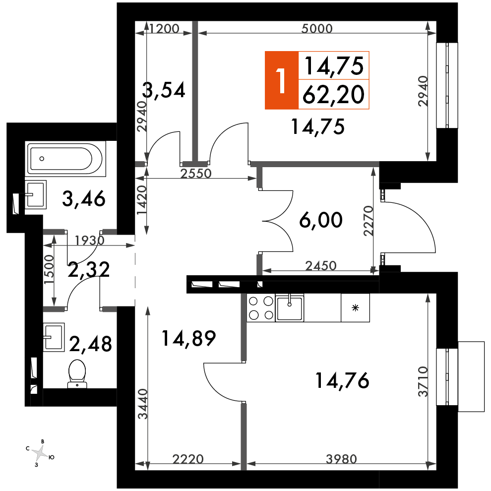 1 комн. квартира, 62.2 м², 1 этаж 