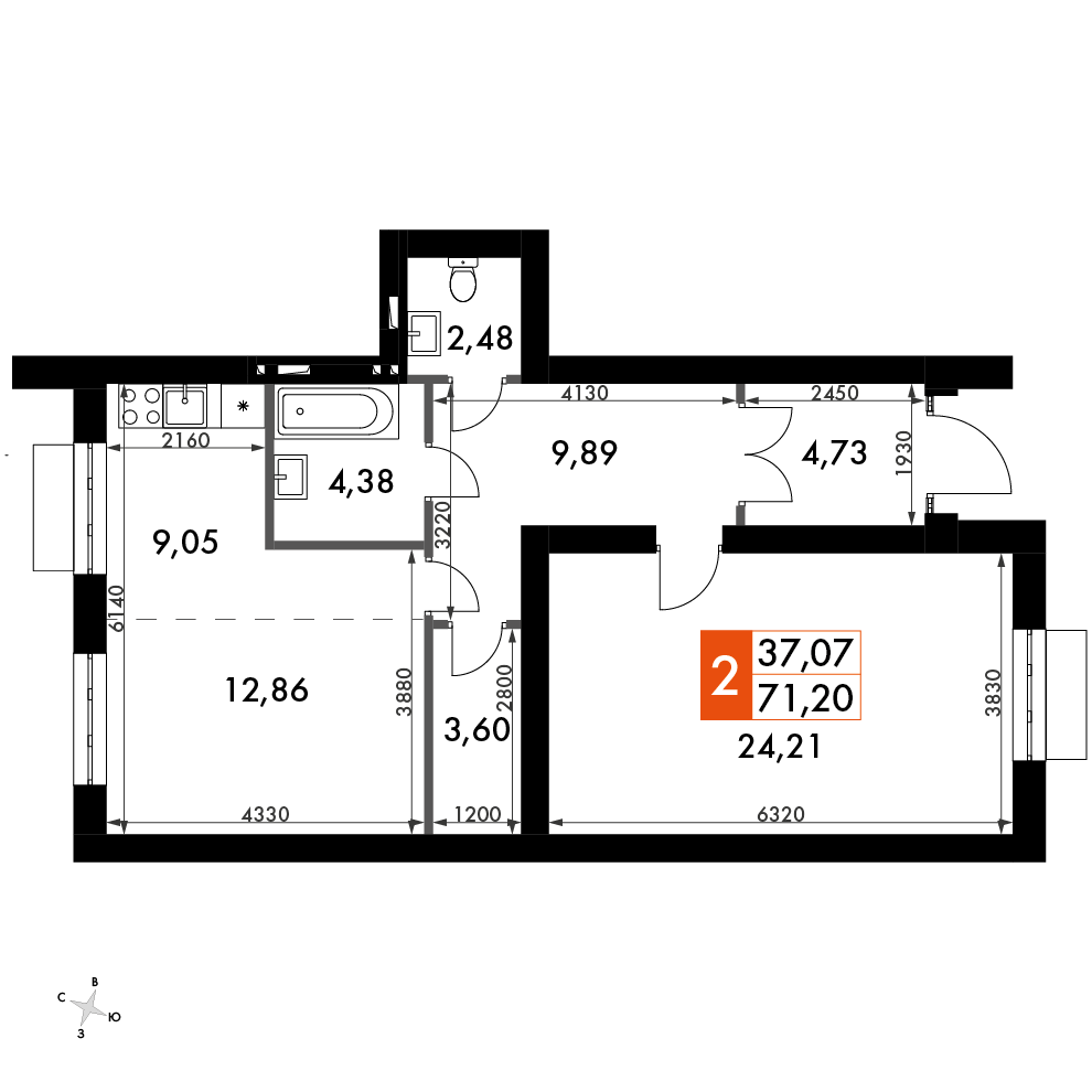 квартира со свободной планировкой, 71.2 м², 1 этаж 