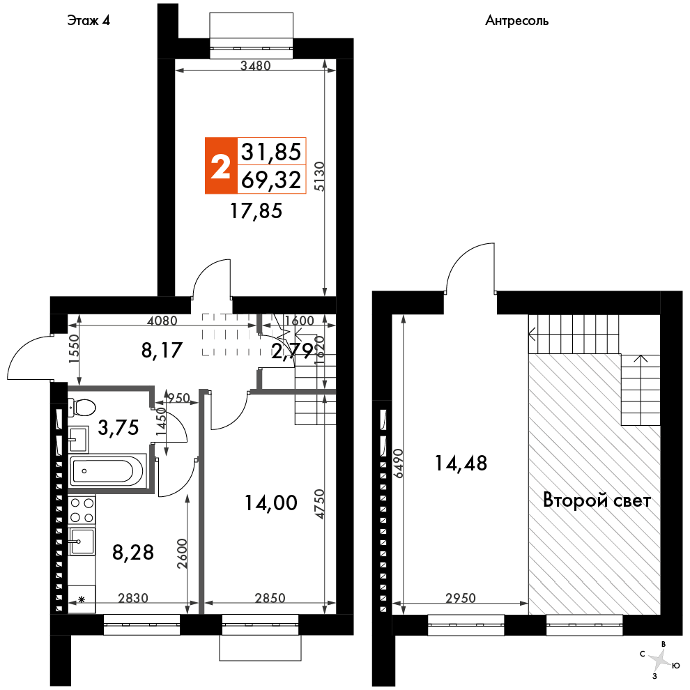 квартира со свободной планировкой, 79.9 м², 4 этаж 