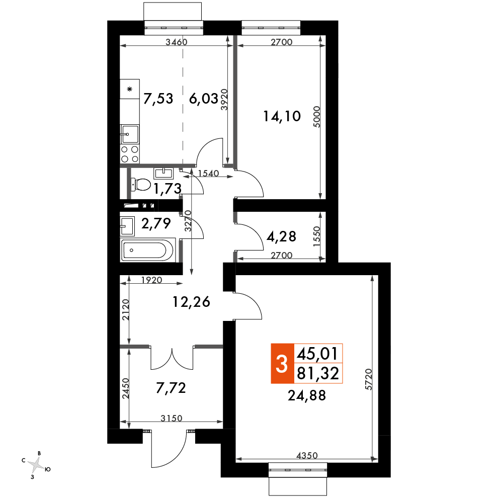 2 комн. квартира, 81.3 м², 1 этаж 