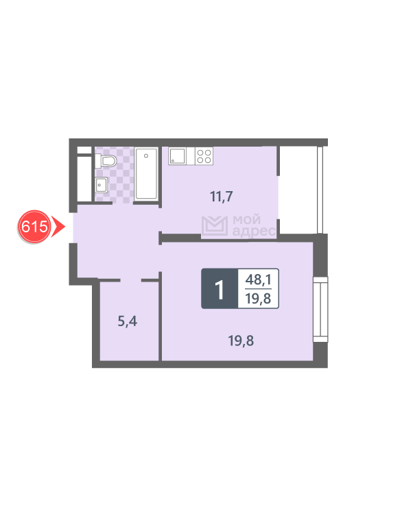 1 комн. квартира, 48.1 м², 17 этаж 