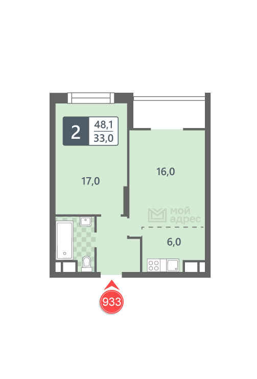 1 комн. квартира, 48.1 м², 16 этаж 
