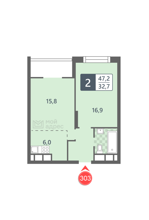 1 комн. квартира, 47.2 м², 28 этаж 