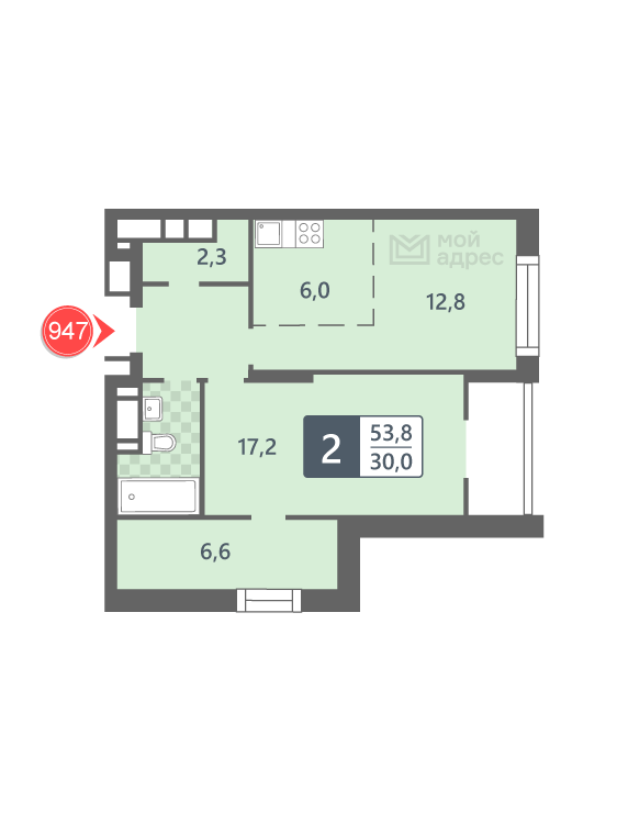 1 комн. квартира, 53.8 м², 18 этаж 