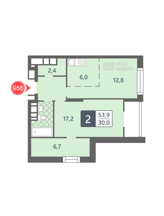 1 комн. квартира, 53.9 м², 19 этаж 