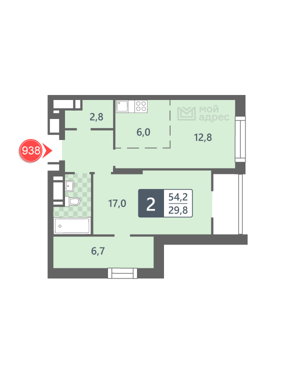 1 комн. квартира, 54.2 м², 17 этаж 