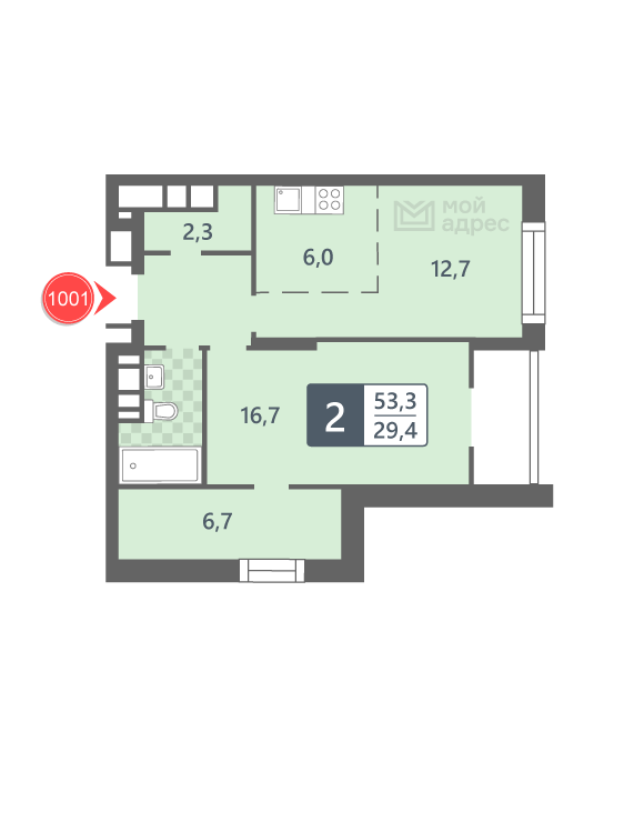 1 комн. квартира, 53.3 м², 24 этаж 