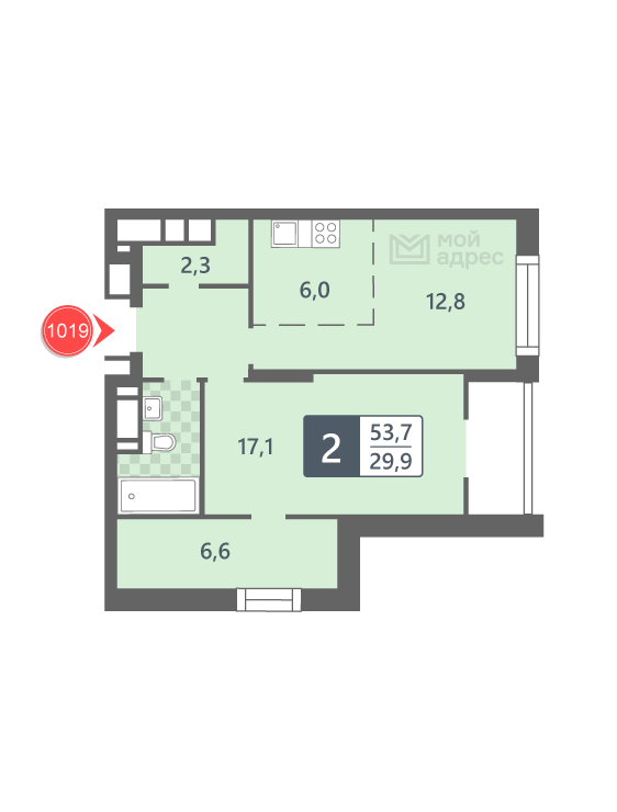 1 комн. квартира, 53.7 м², 26 этаж 