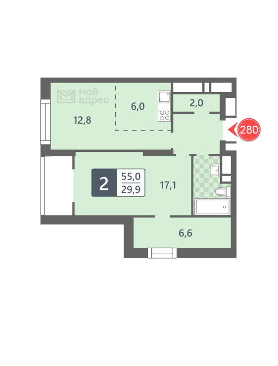 1 комн. квартира, 55 м², 25 этаж 