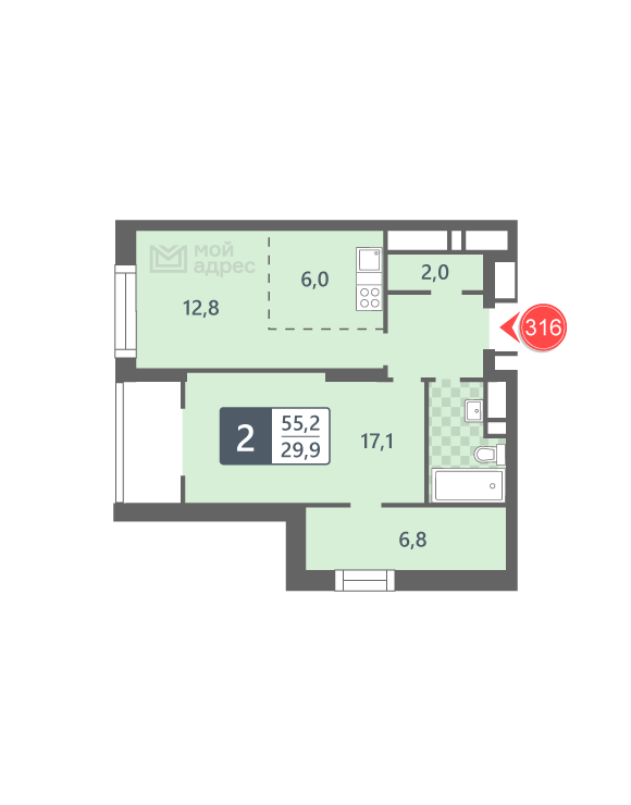 1 комн. квартира, 55.2 м², 29 этаж 