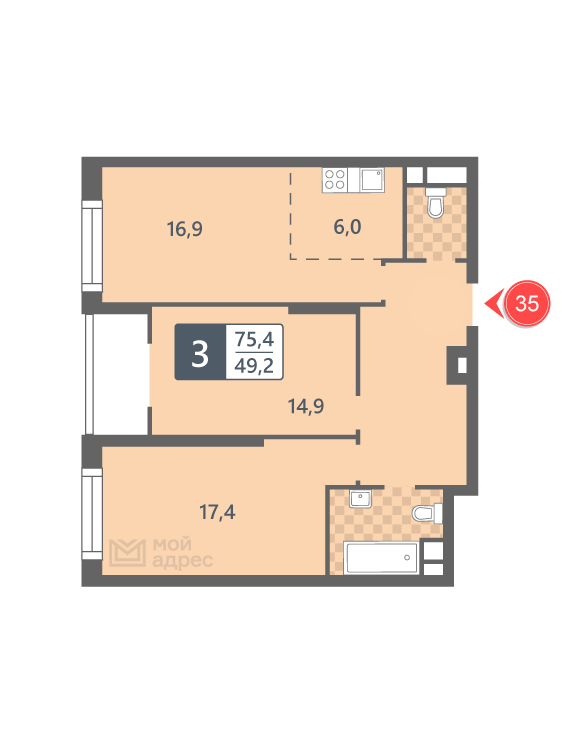 2 комн. квартира, 75.4 м², 4 этаж 