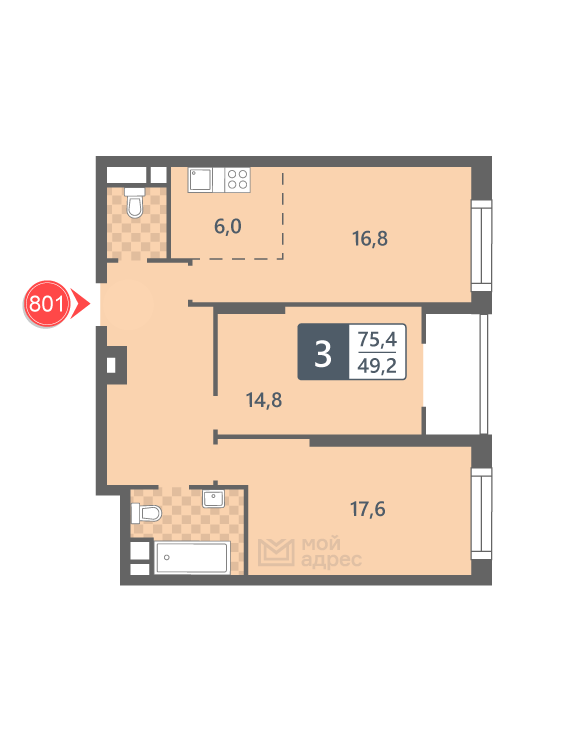 2 комн. квартира, 75.4 м², 5 этаж 