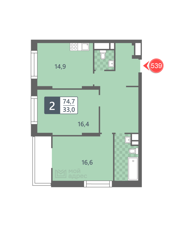 2 комн. квартира, 74.7 м², 9 этаж 