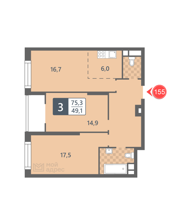 2 комн. квартира, 75.3 м², 14 этаж 
