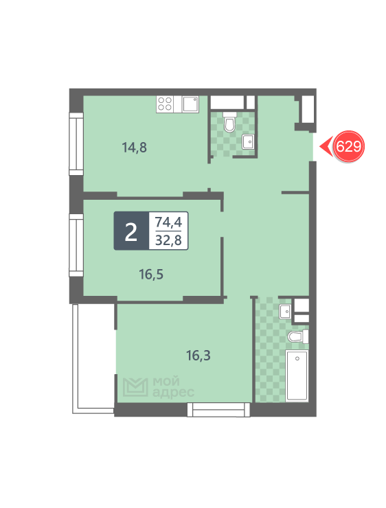 2 комн. квартира, 74.4 м², 18 этаж 