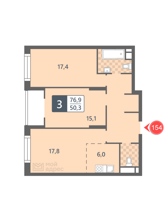 2 комн. квартира, 76.9 м², 14 этаж 