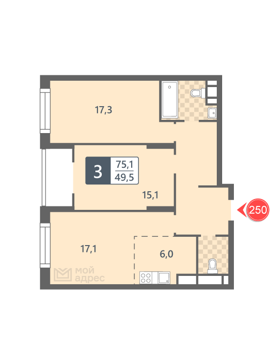 2 комн. квартира, 75.1 м², 22 этаж 