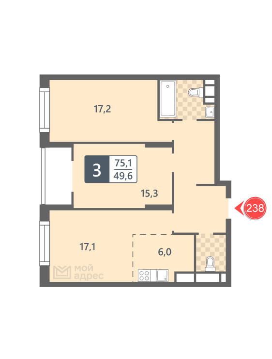 2 комн. квартира, 75.1 м², 21 этаж 