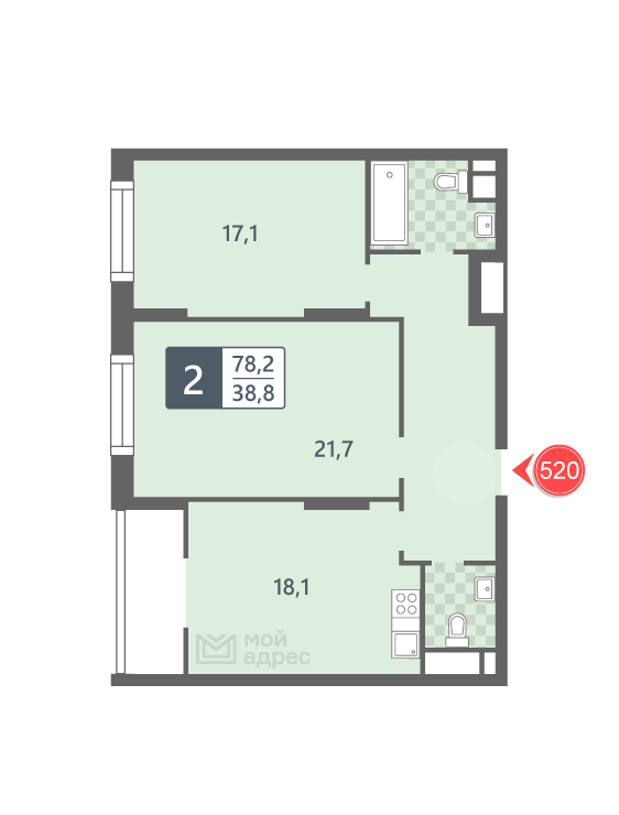 2 комн. квартира, 78.2 м², 7 этаж 
