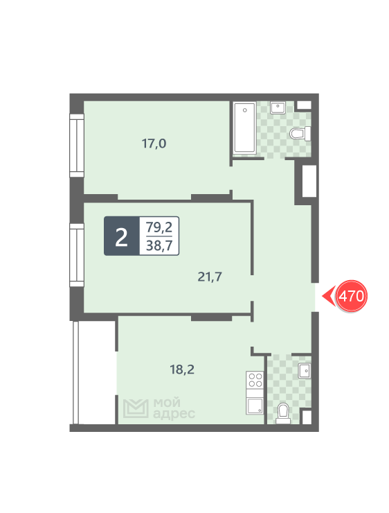 2 комн. квартира, 79.2 м², 2 этаж 