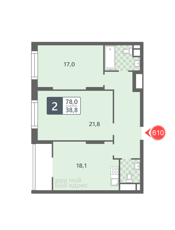 2 комн. квартира, 78 м², 16 этаж 