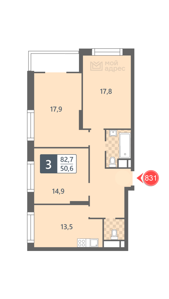 3 комн. квартира, 82.7 м², 7 этаж 