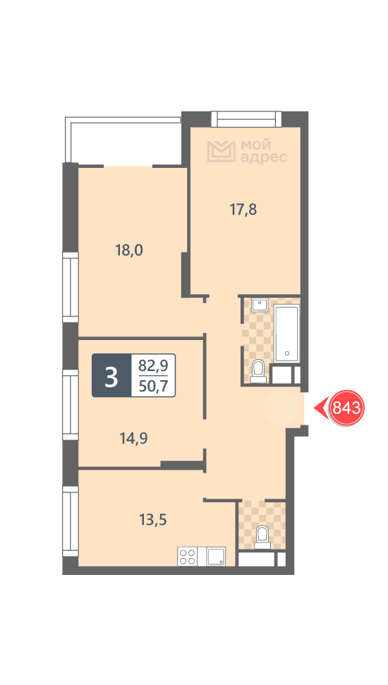 3 комн. квартира, 82.9 м², 8 этаж 