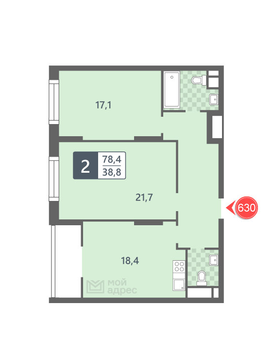 2 комн. квартира, 78.4 м², 18 этаж 