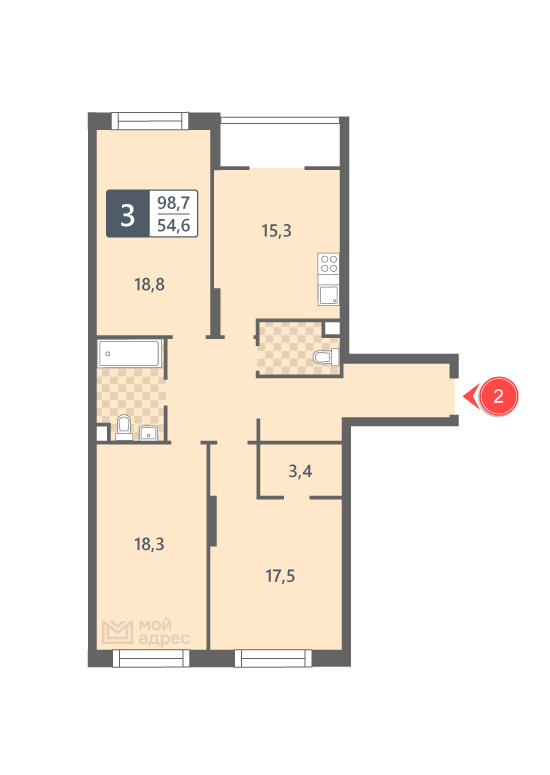 3 комн. квартира, 98.7 м², 2 этаж 