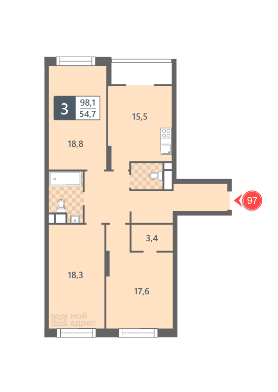 3 комн. квартира, 98.1 м², 10 этаж 