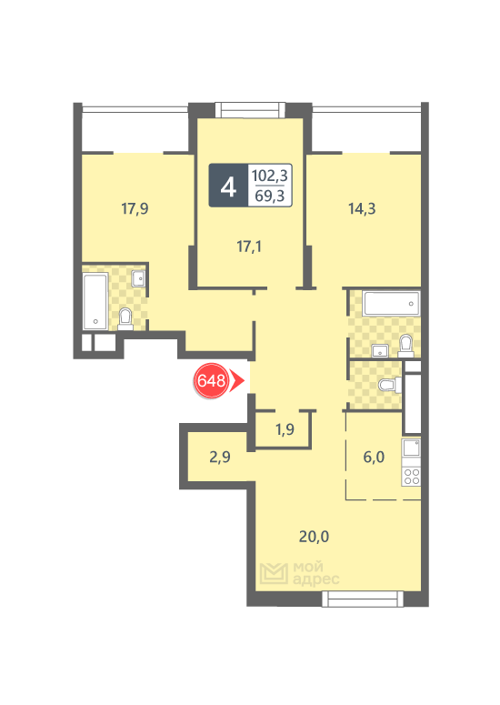 3 комн. квартира, 102.3 м², 21 этаж 
