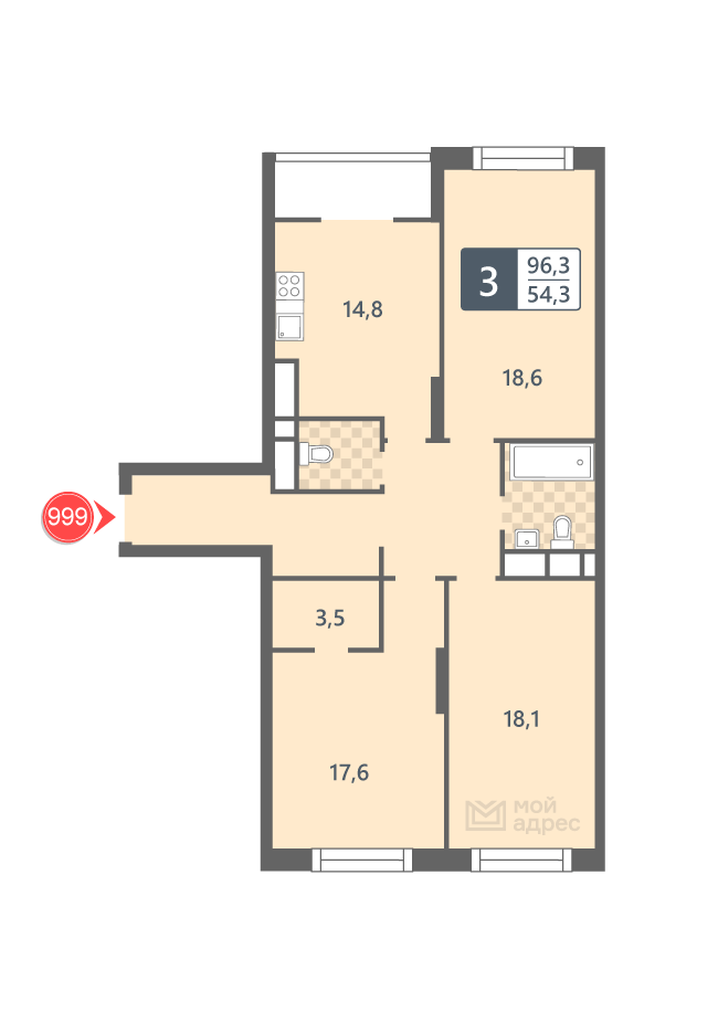 3 комн. квартира, 96.3 м², 23 этаж 