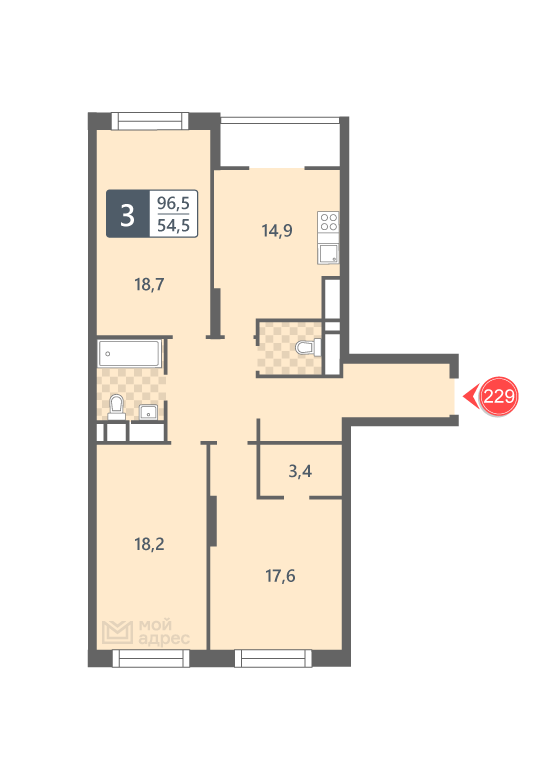 3 комн. квартира, 96.5 м², 21 этаж 