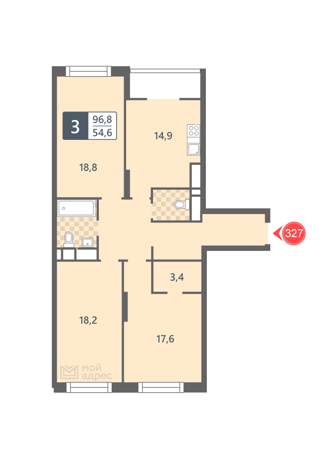 3 комн. квартира, 96.8 м², 31 этаж 