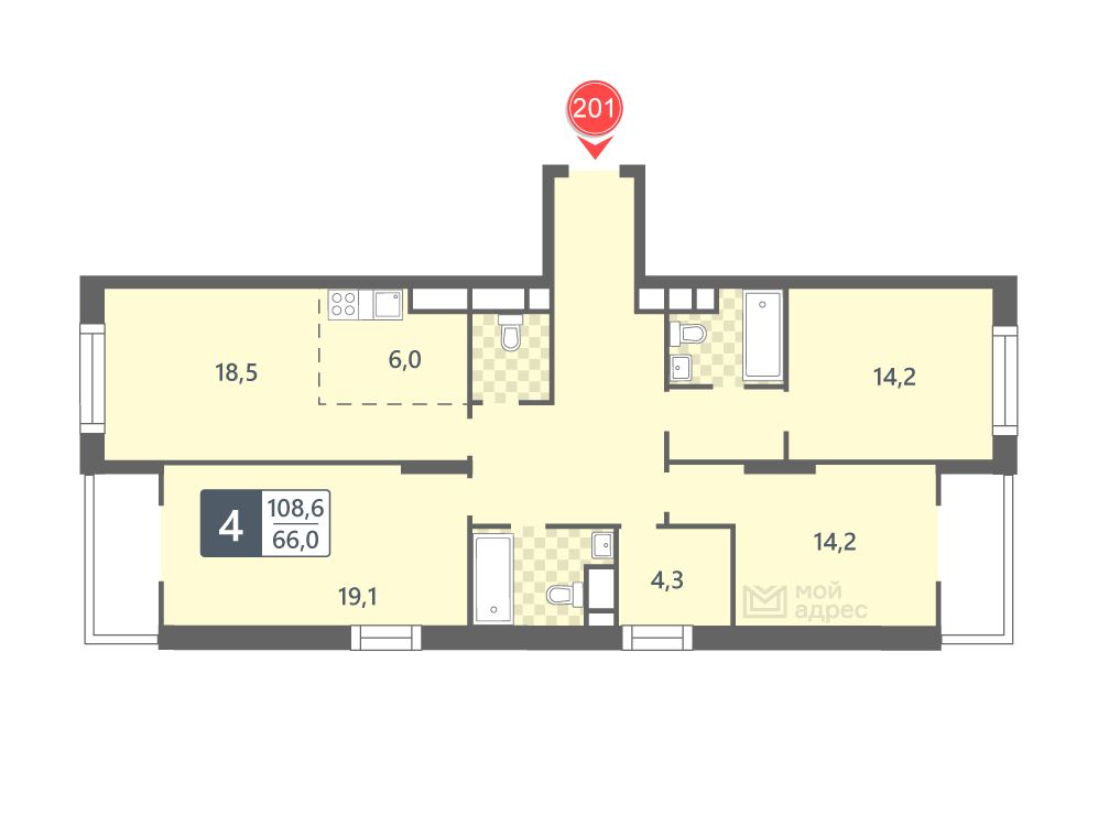 3 комн. квартира, 108.6 м², 18 этаж 