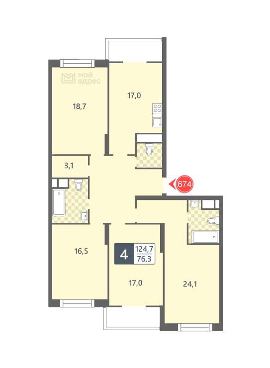 4 комн. квартира, 124.7 м², 3 этаж 