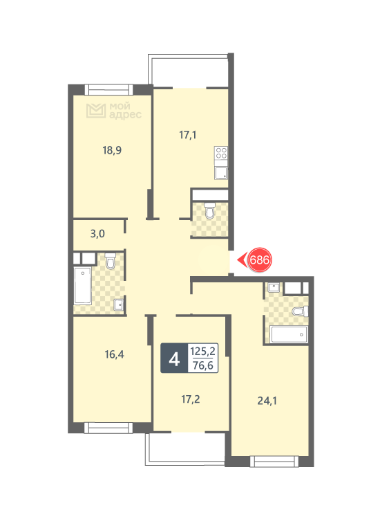 4 комн. квартира, 125.2 м², 5 этаж 