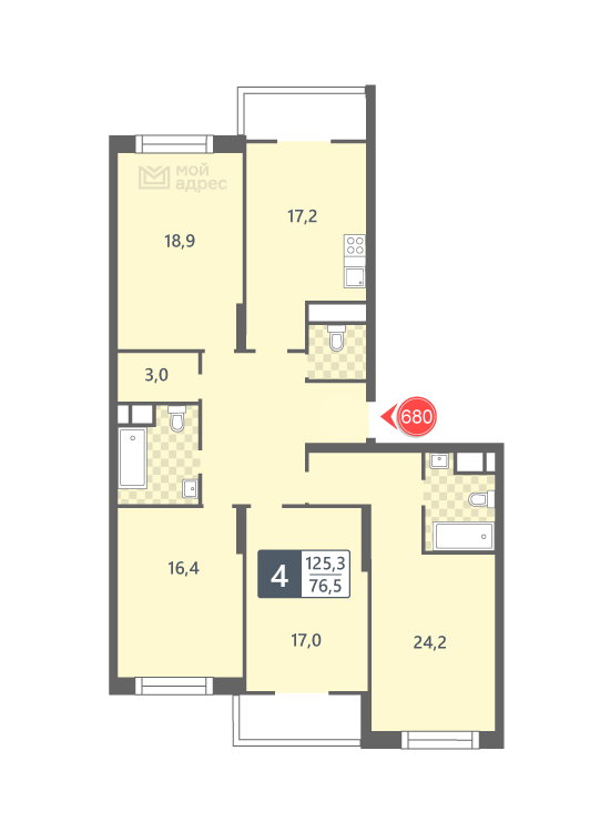 4 комн. квартира, 125.3 м², 4 этаж 