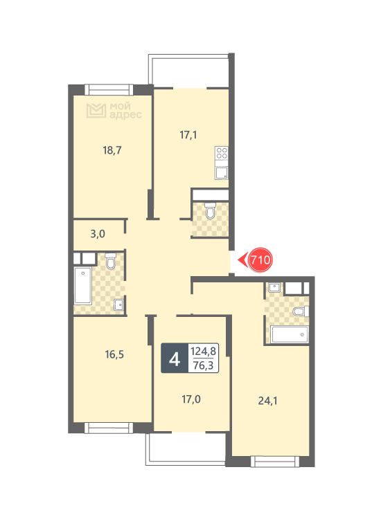 4 комн. квартира, 124.8 м², 9 этаж 