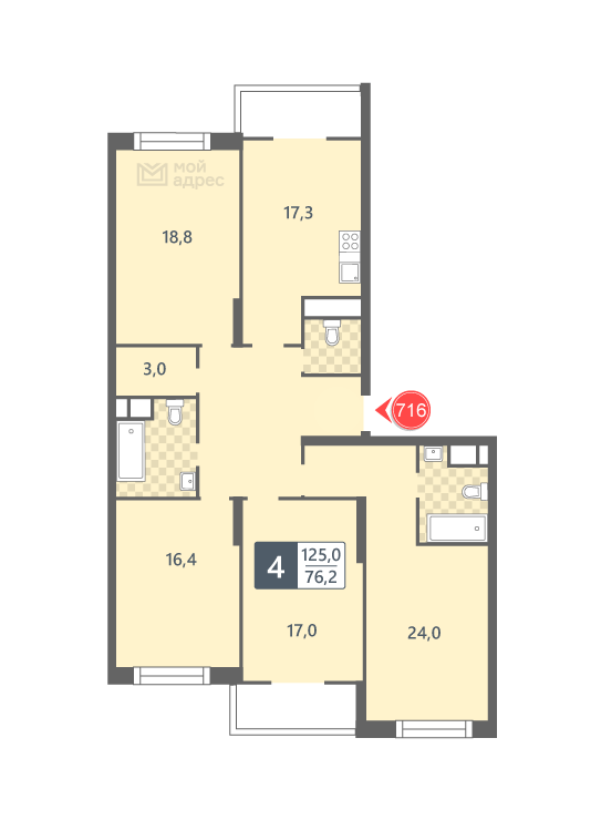 4 комн. квартира, 125 м², 10 этаж 