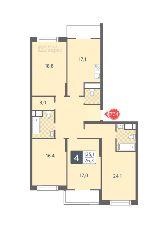 4 комн. квартира, 125.1 м², 13 этаж 